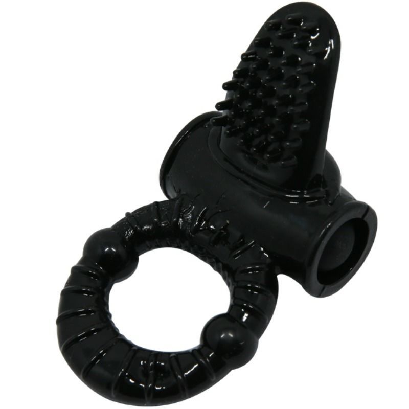 Anello per pene nero con stimolatore a bottoni, vano batteria e batterie.