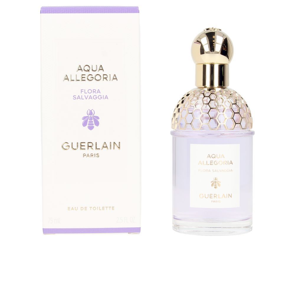 Guerlain Flora Salvaggia Eau de Toilette. Flacone e confezione. Scatola bianca, dettagli viola. Tappo dorato.