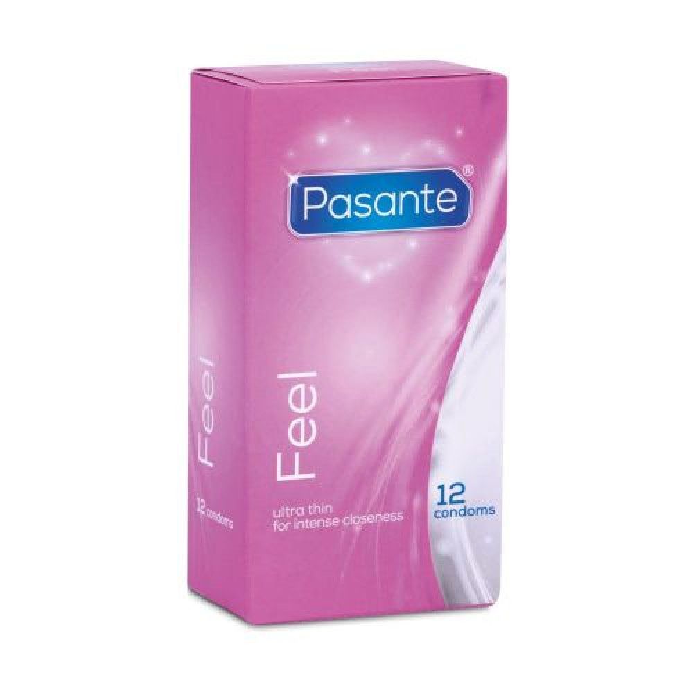 Confezione rosa di preservativi Pasante Feel. Scritta: ultra sottile, 12 preservativi. Logo in alto a sinistra.