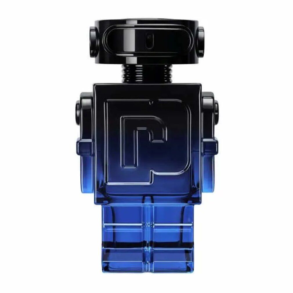 Flacone blu-nero a forma di robot. Tappo nero. Logo "P" sul davanti.