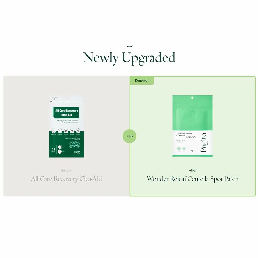 Confronto prima-dopo. Sinistra: All Care Recovery Cica-Aid. Destra: Wonder Releaf Centella Spot Patch. Design verde e bianco.
