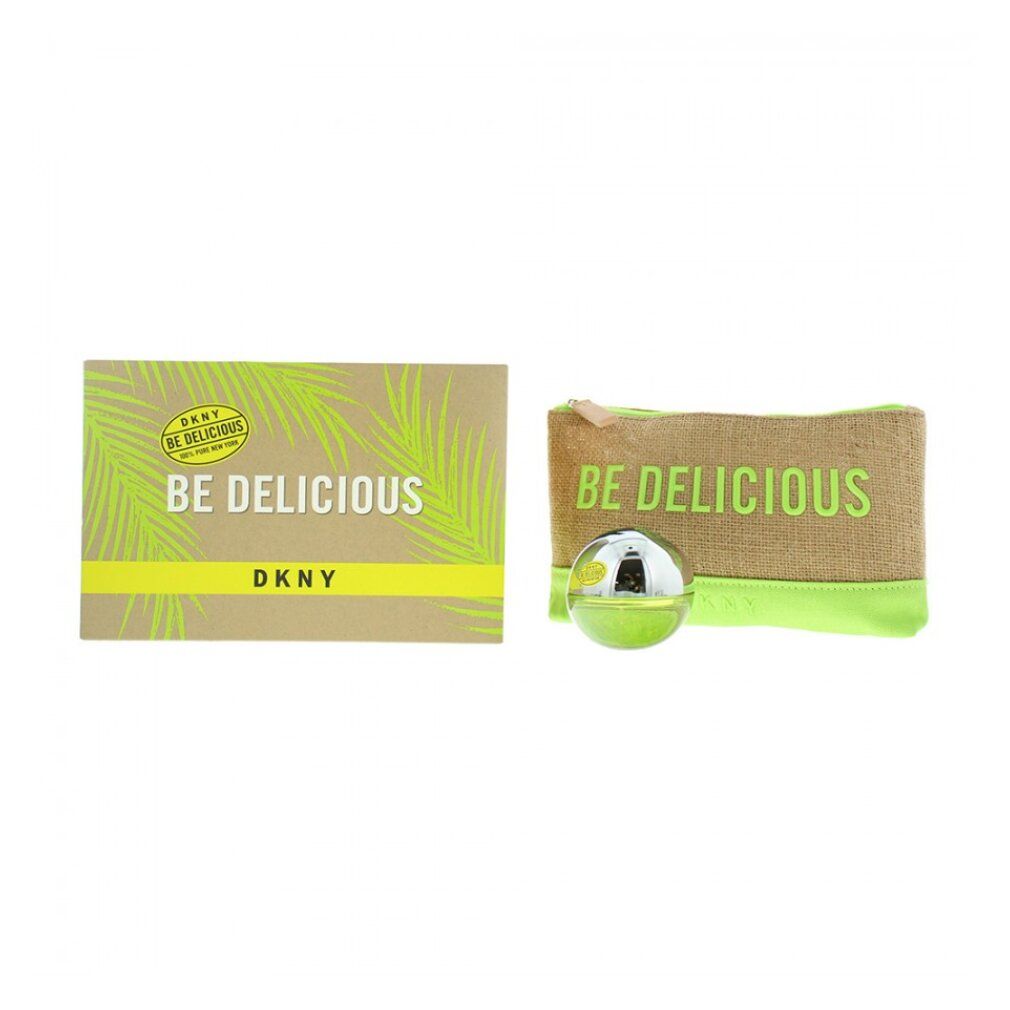 Set regalo DKNY Be Delicious con Eau de Parfum e pochette. La pochette è in juta con scritta verde.