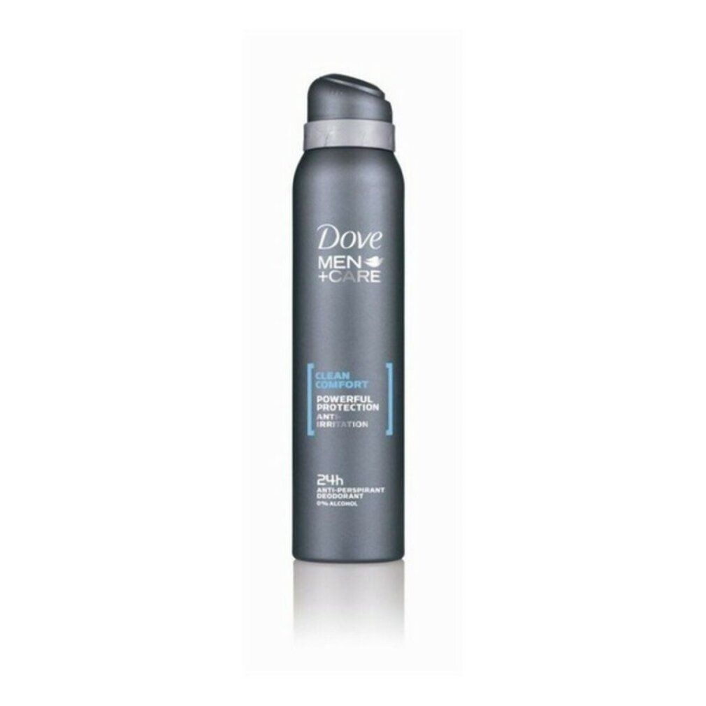 Bomboletta spray deodorante grigio scuro con scritta bianca Dove Men+Care. Testo: Clean Comfort, Protezione potente, 24h.