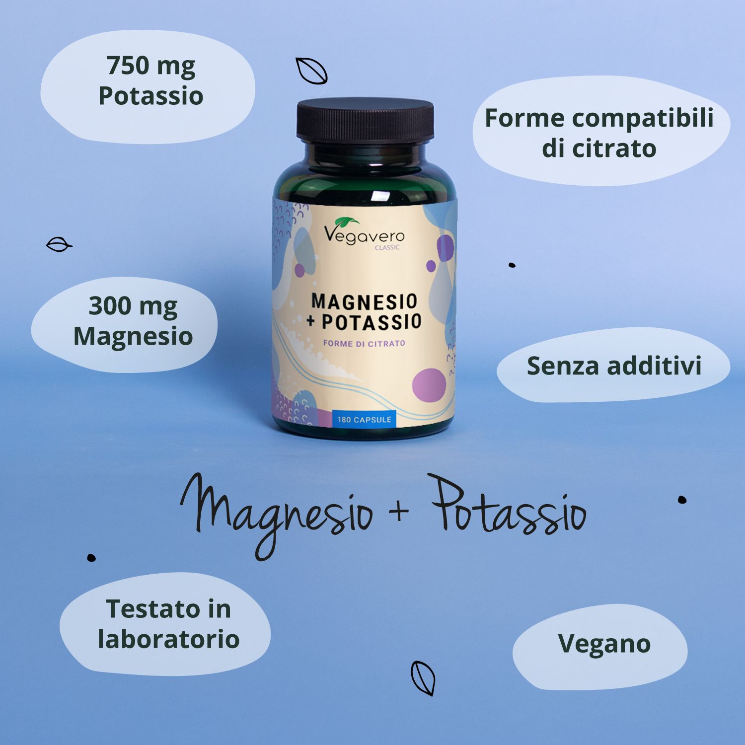 Flacone di Magnesio + Potassio. Informazioni: 180 capsule, Forme di citrato, Senza additivi, Testato in laboratorio, Vegano.