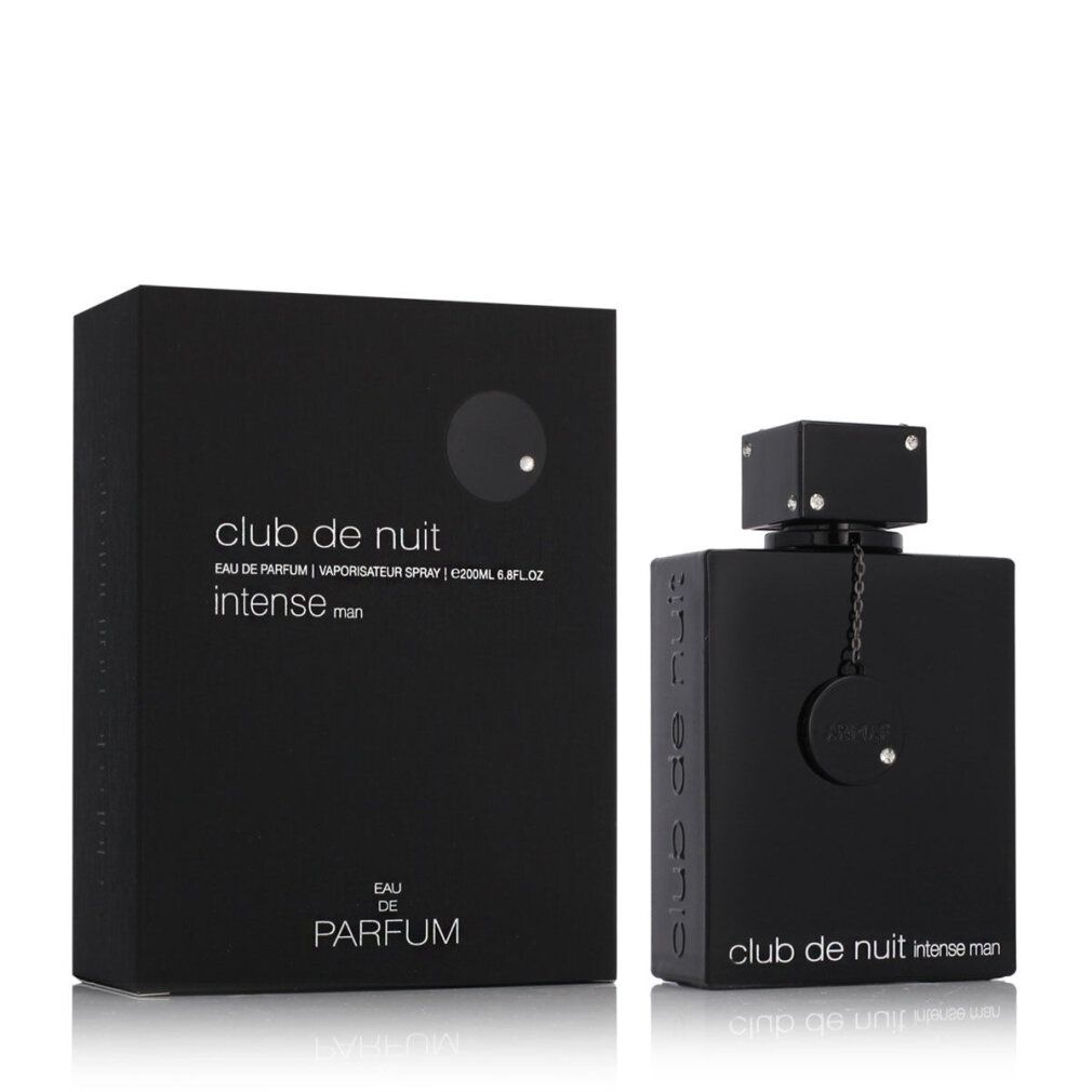 Flacone e scatola neri. Testo: "Club de Nuit Intense man" e "Eau de Parfum". Flacone con tappo e pendente.