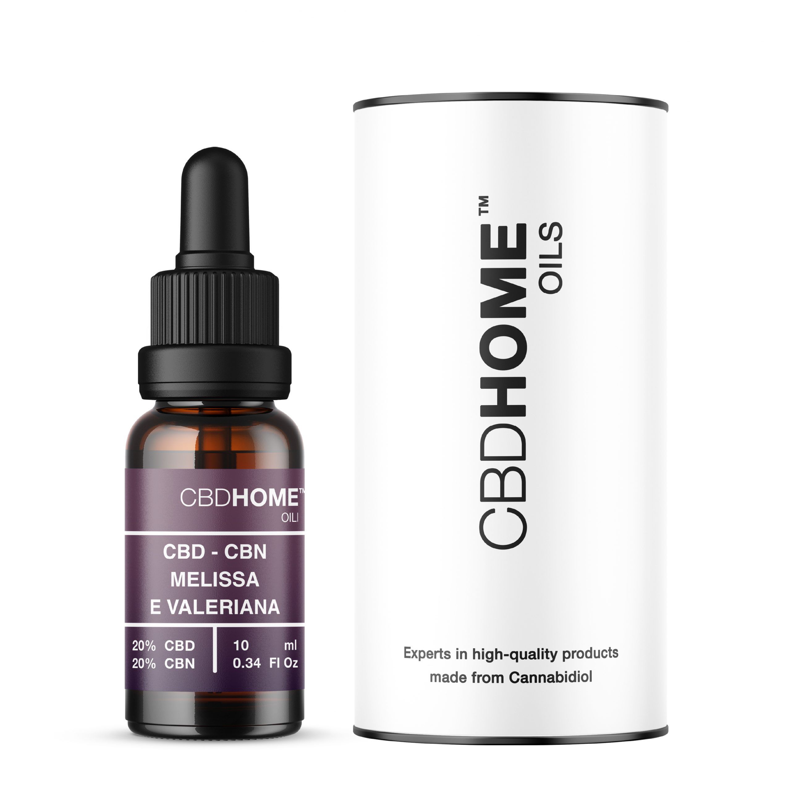 Flacone di olio CBD HOME con contagocce e confezione cilindrica. Contiene 20% CBD e 20% CBN.