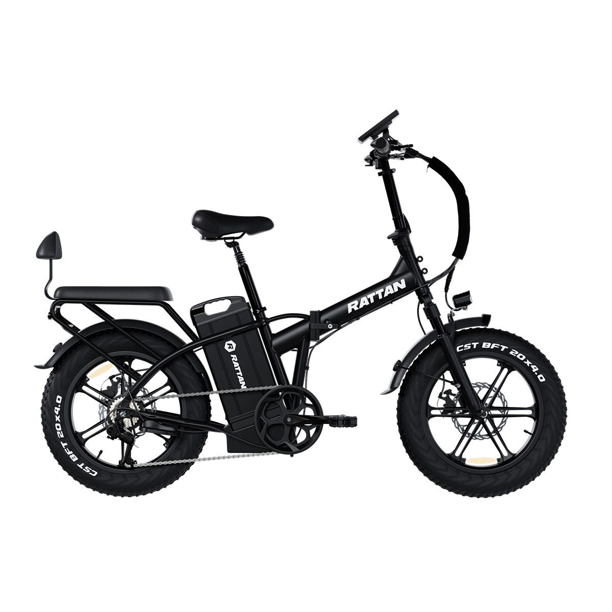 Bicicletta elettrica nera RATTAN, pneumatici larghi, portapacchi e batteria rimovibile. Shimano 7 velocità.