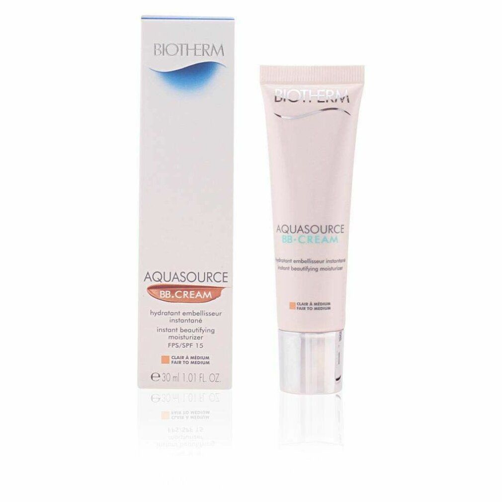Tubo e confezione BIOTHERM AQUASOURCE BB CREAM. Tonalità Fair to Medium. Nome del prodotto, logo e informazioni visibili.