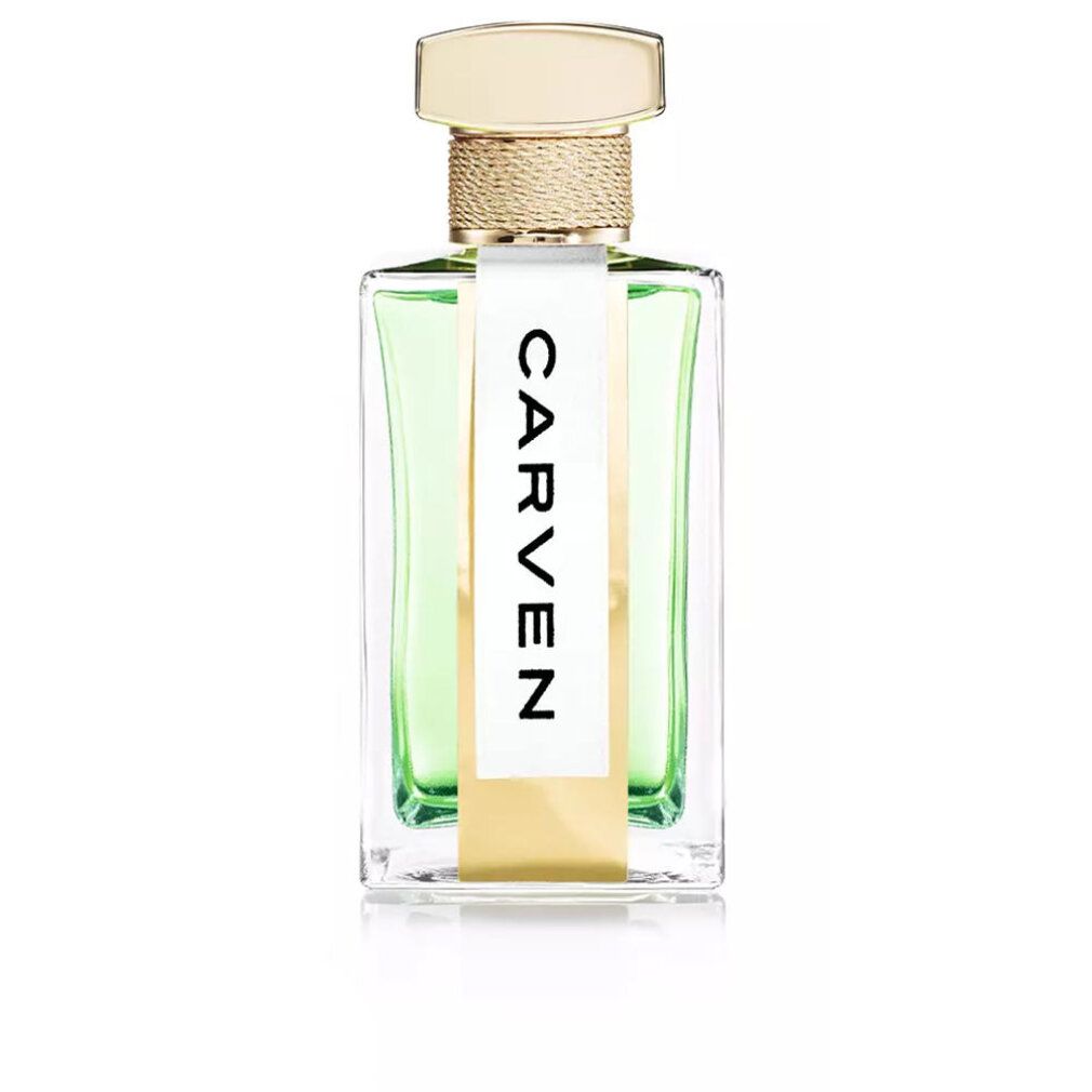 Flacone in vetro con tappo dorato ed etichetta bianca CARVEN. Liquido verde visibile.