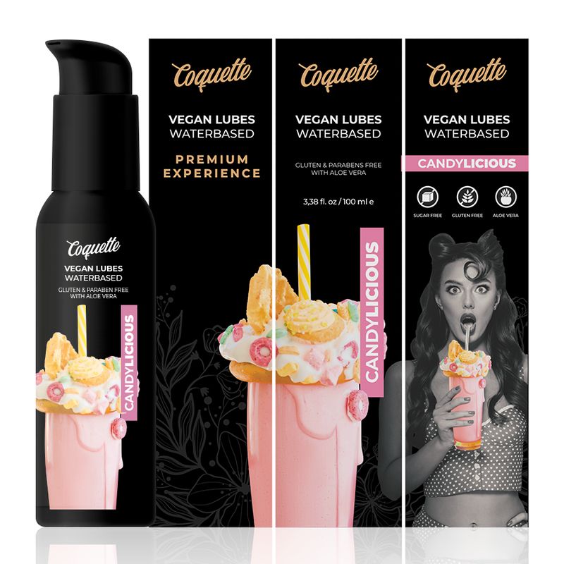 Flacone nero e confezione. Scritta: Coquette, Vegan Lubes Waterbased, Candilicious. Illustrazione di un milkshake e una donna.