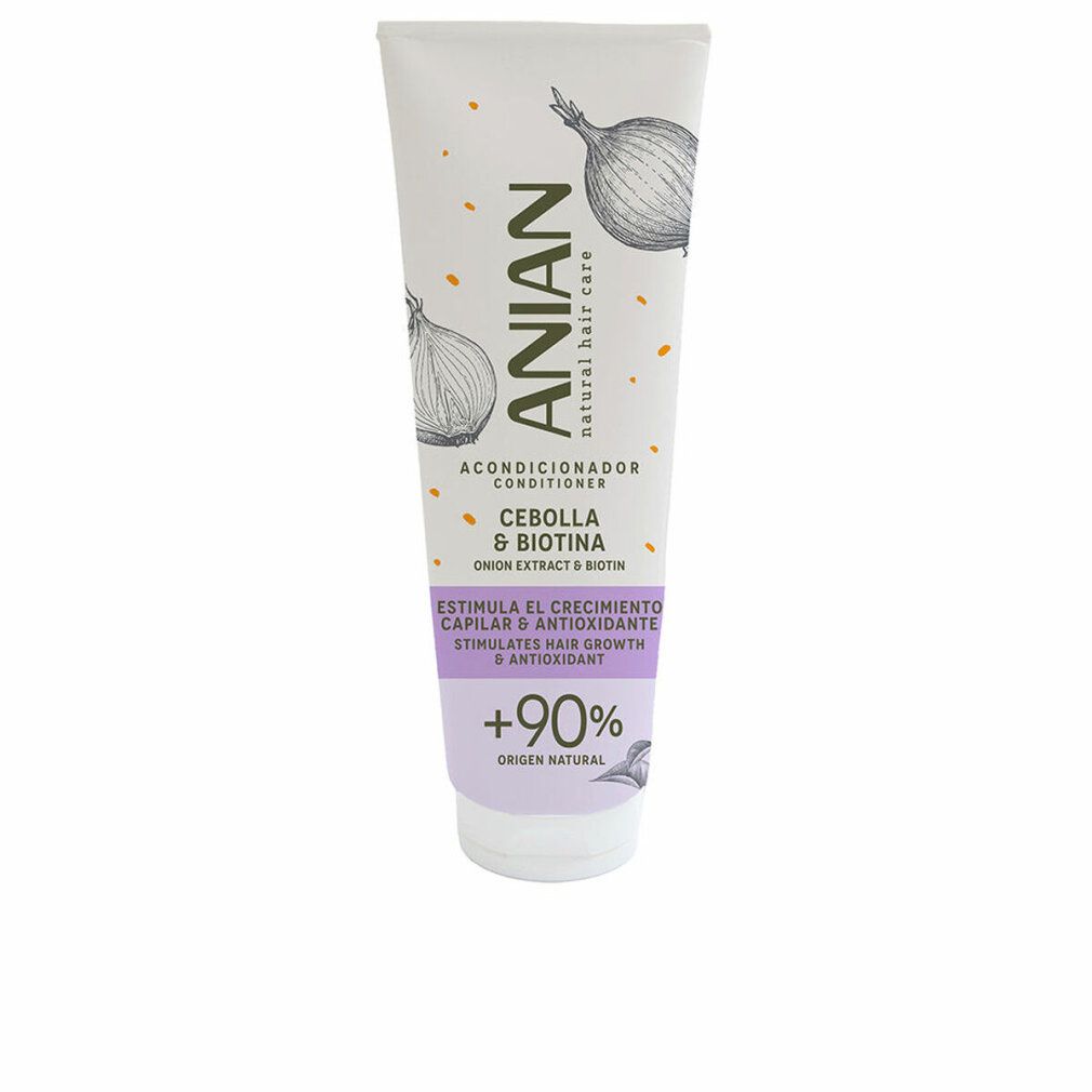 Tubo bianco Acondicionador. Scritta: ANIAN, Cebolla & Biotina, +90%. Estratto di cipolla e biotina. Accenti viola e verdi.