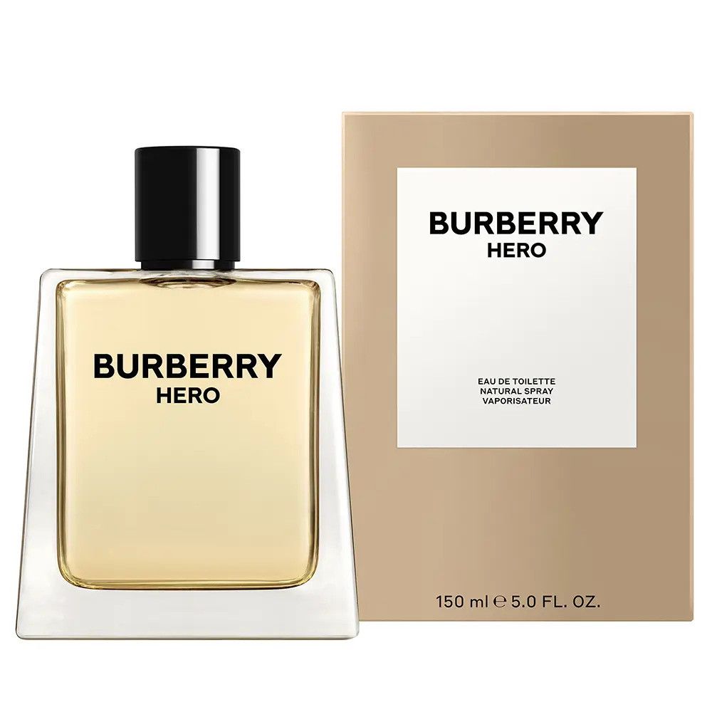 Burberry Hero Eau de Toilette. Flacone rettangolare con tappo nero e scatola. Scritta: Burberry Hero.