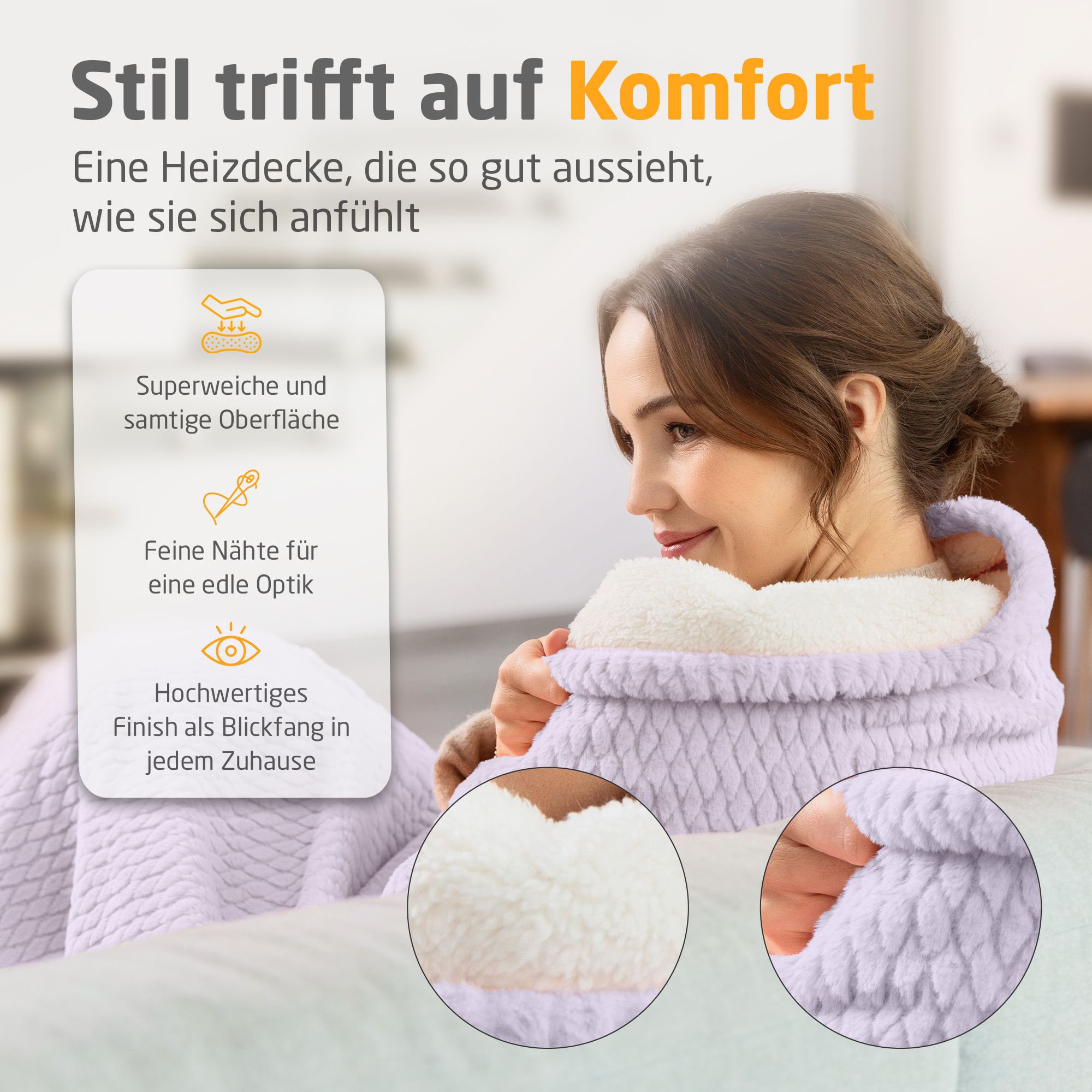 Donna con coperta termica lilla chiaro. Superficie morbida. Cuciture fini. Finitura di alta qualità. Primi piani sul materiale.