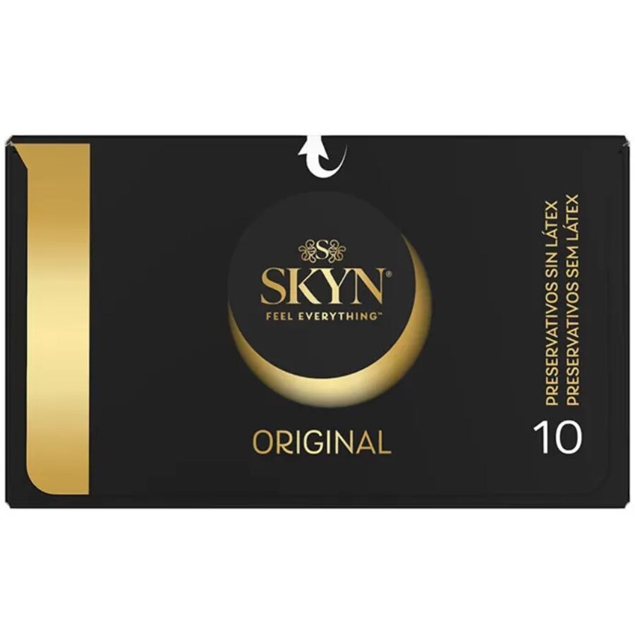 Confezione nera con accento dorato. Scritta: SKYN, ORIGINAL, 10. Testo: PRESERVATIVOS SIN LÁTEX.