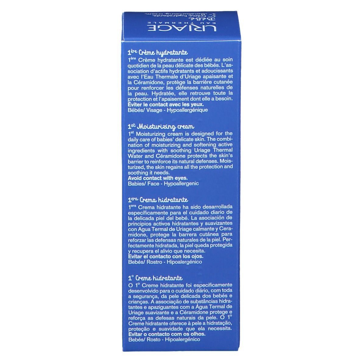 Scatola pieghevole blu con testo multilingue. Contiene informazioni sul prodotto e sugli ingredienti.