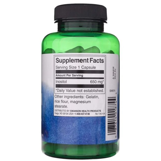 Retro di una bottiglia verde. Etichetta "Supplement Facts" e informazioni: Inositolo 650 mg.