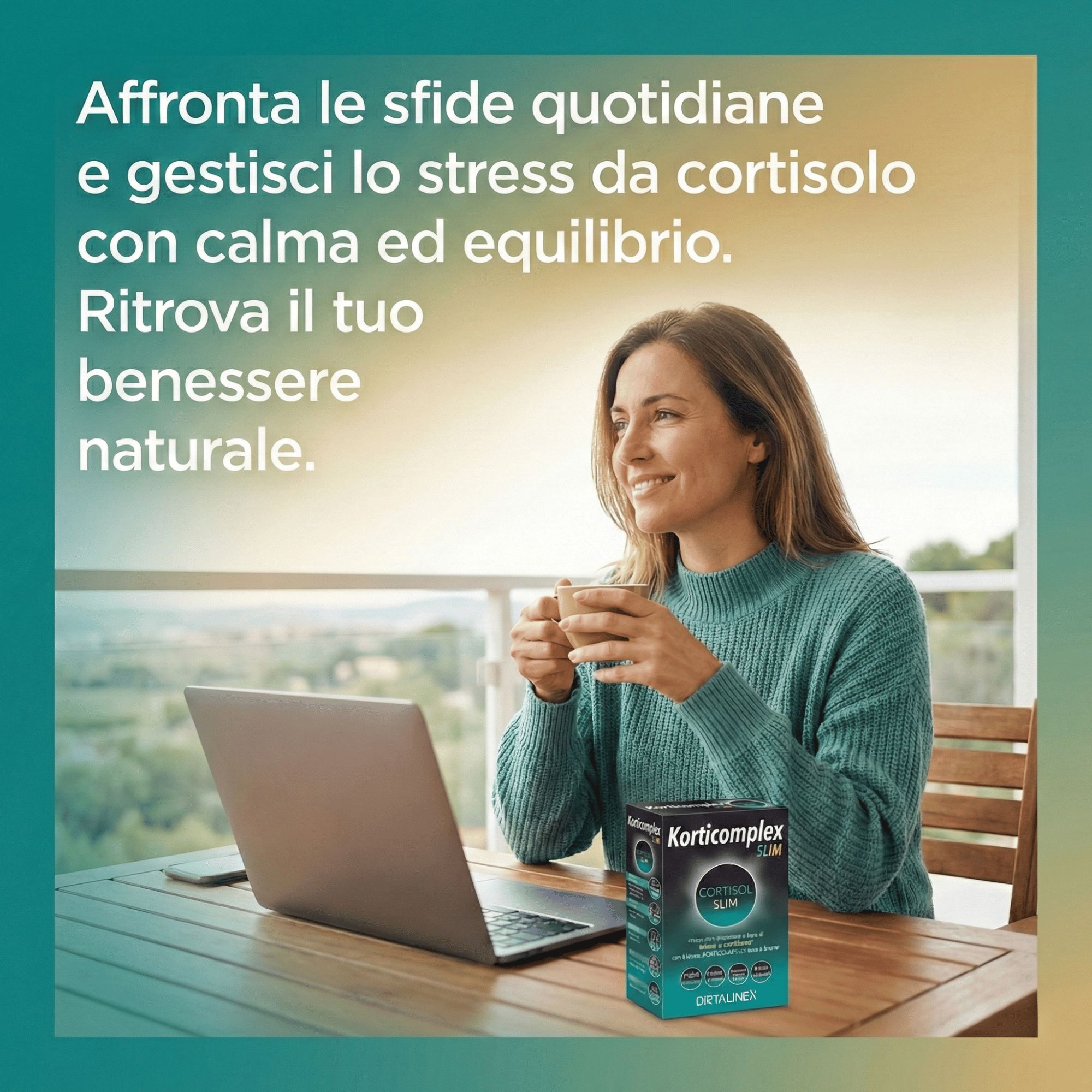Donna beve caffè con laptop e confezione del prodotto all'aperto.