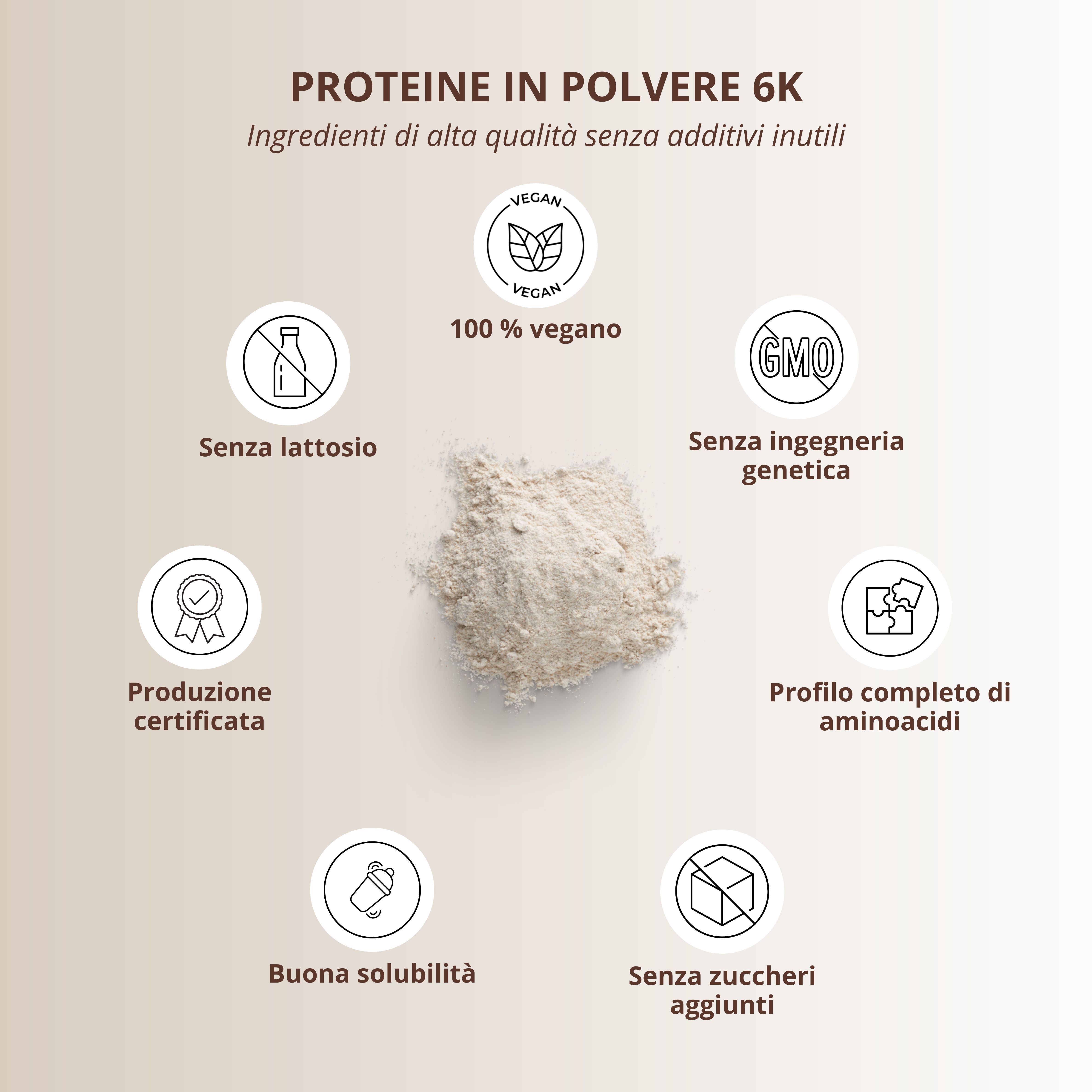 Cumulo di polvere proteica. Simboli circolari: vegano, senza lattosio, senza OGM, produzione certificata, profilo aminoacidico, buona solubilità, senza zuccheri aggiunti.