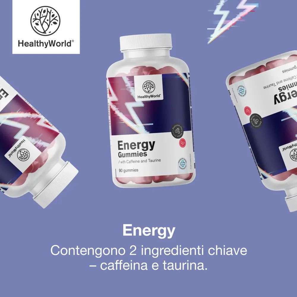 Tre flaconi di caramelle gommose energetiche, rosse, con caffeina e taurina. Design a fulmine.