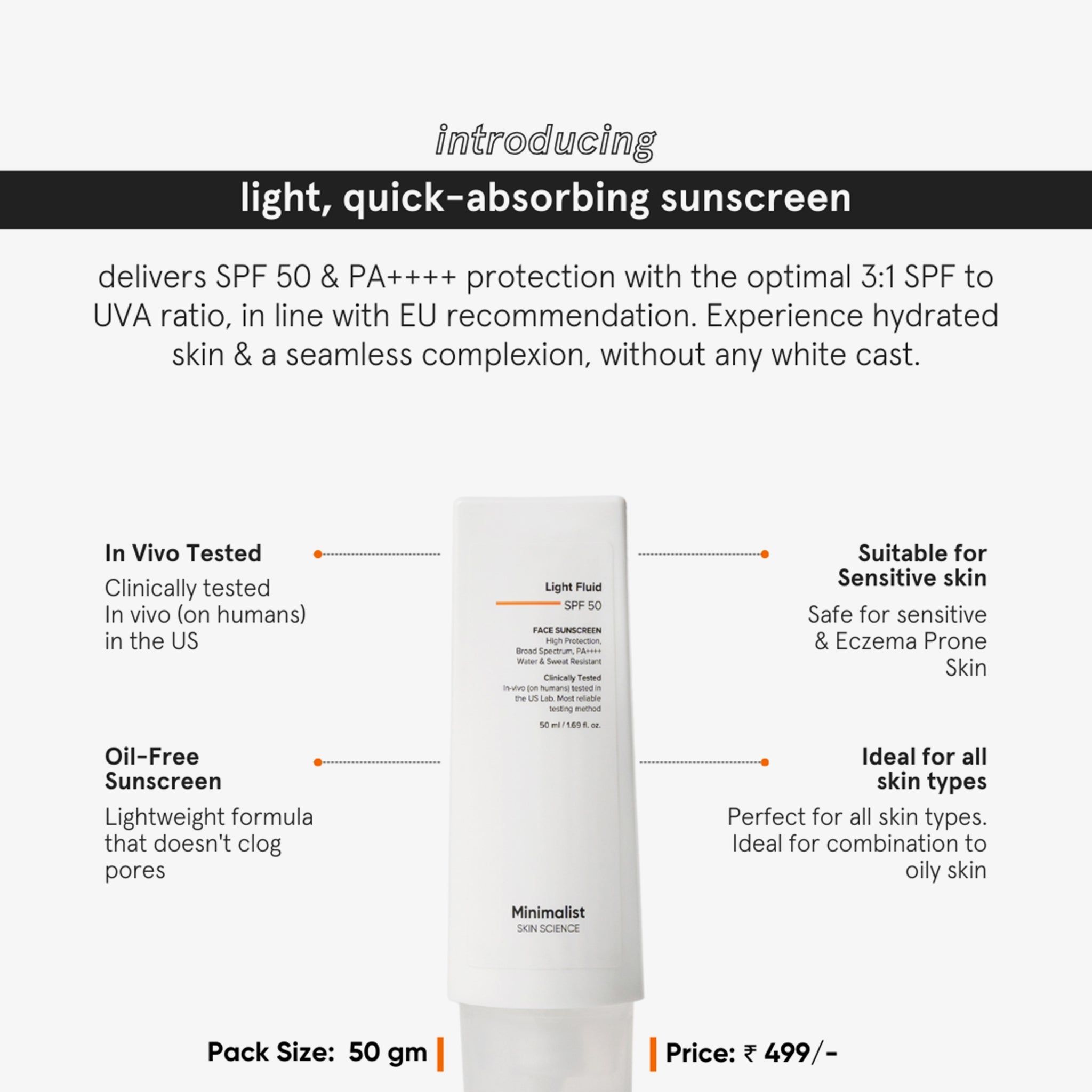 Tubo del prodotto con testo. Testo: Light Fluid SPF 50. Adatto alla pelle sensibile. Protezione solare oil-free.