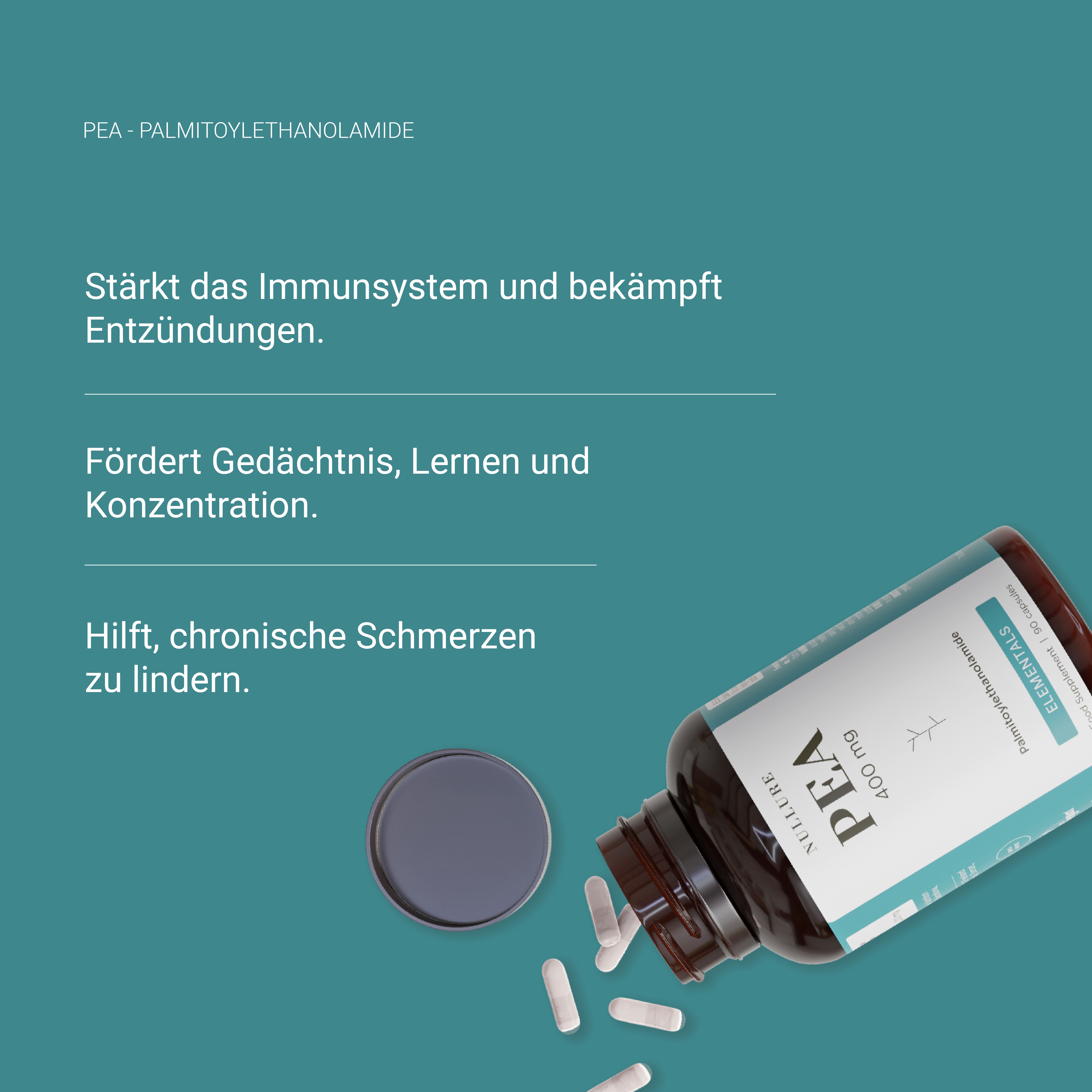 Flacone marrone con capsule PEA 400 mg. Capsule sparse. Testo: Rafforza il sistema immunitario, favorisce la memoria, allevia il dolore.