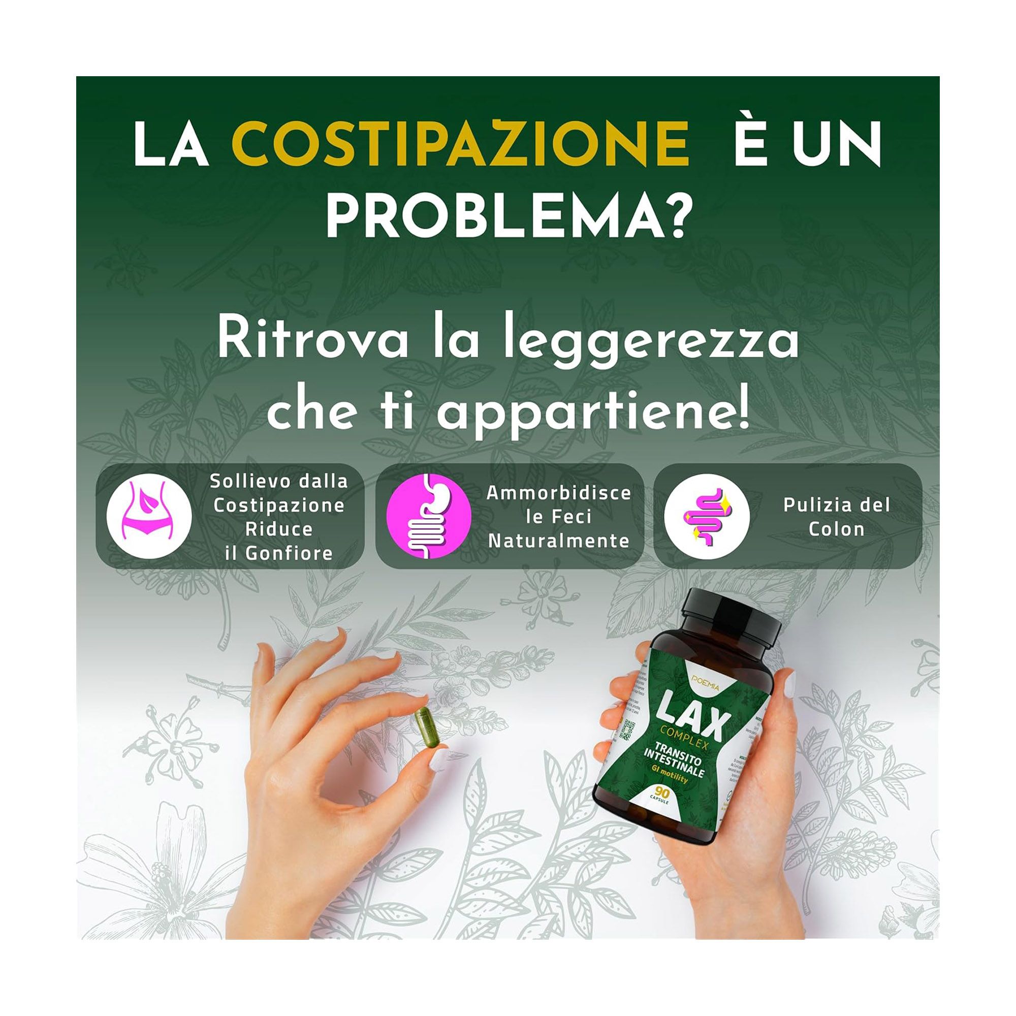 Flacone da 90 capsule per il transito intestinale, con motivo a erbe.