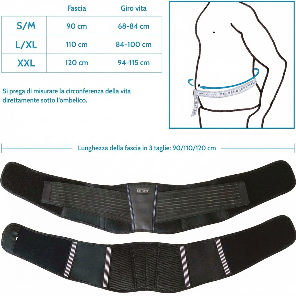 Tabella delle taglie per cintura di supporto lombare. Taglie: S/M, L/XL, XXL. Illustrazione: Persona che misura la vita.