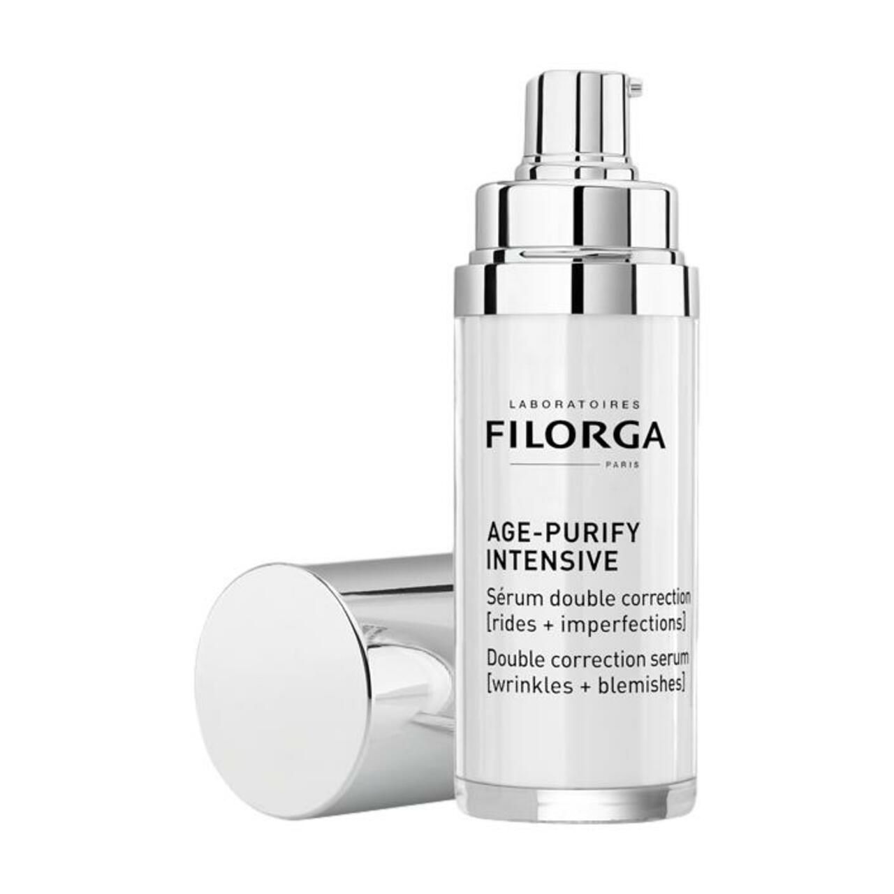 Siero Filorga Age-Purify Intensive. Flacone con tappo e pompa argentati. Tappo accanto. Testo visibile.