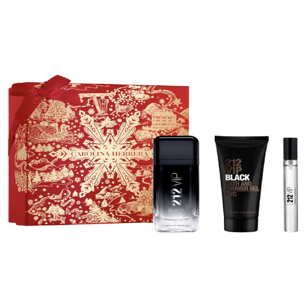 Set regalo con scatola rossa, flacone, gel doccia e vaporizzatore. Scritta: 212 VIP Black.