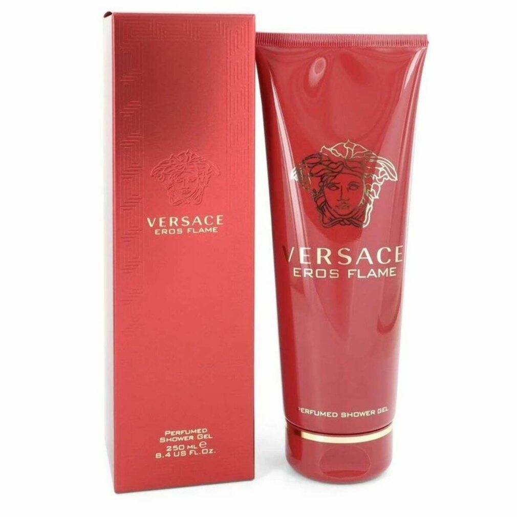 Tubo e scatola rossi con logo dorato e scritta Versace Eros Flame. Scritta: Perfumed Shower Gel.