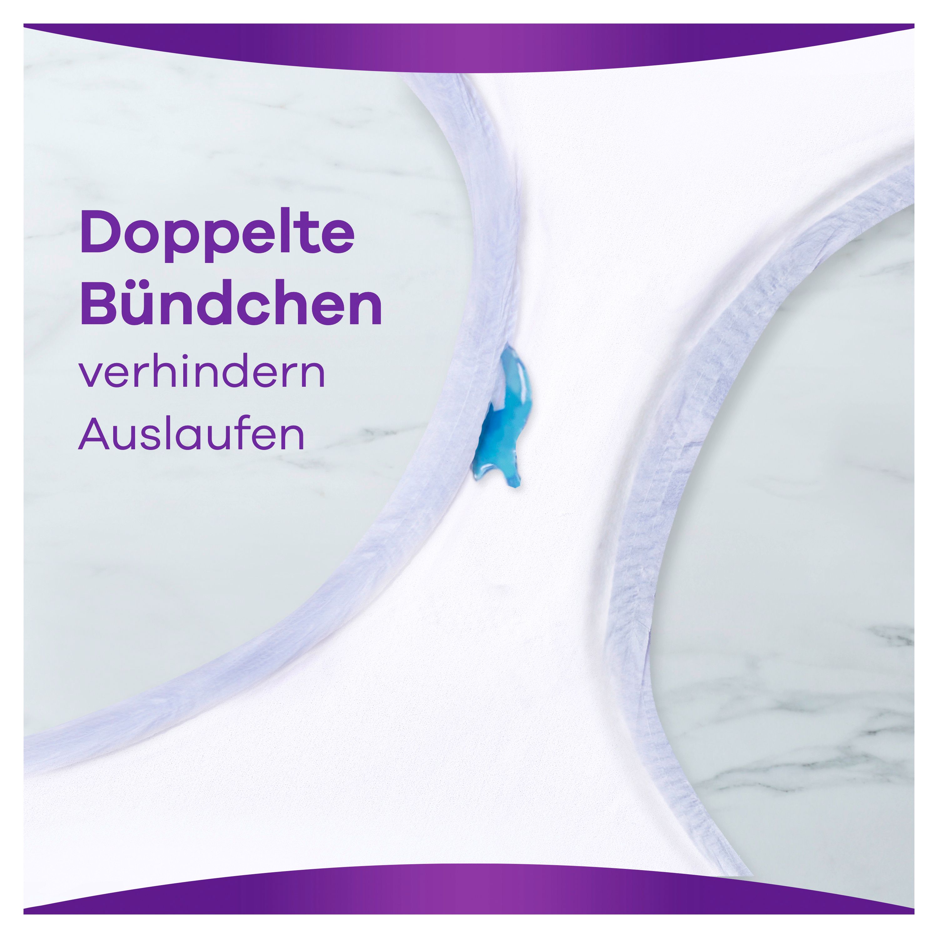 Primo piano di mutandine per incontinenza Always Discreet. Testo: I doppi bordi prevengono le perdite. Dettagli blu.
