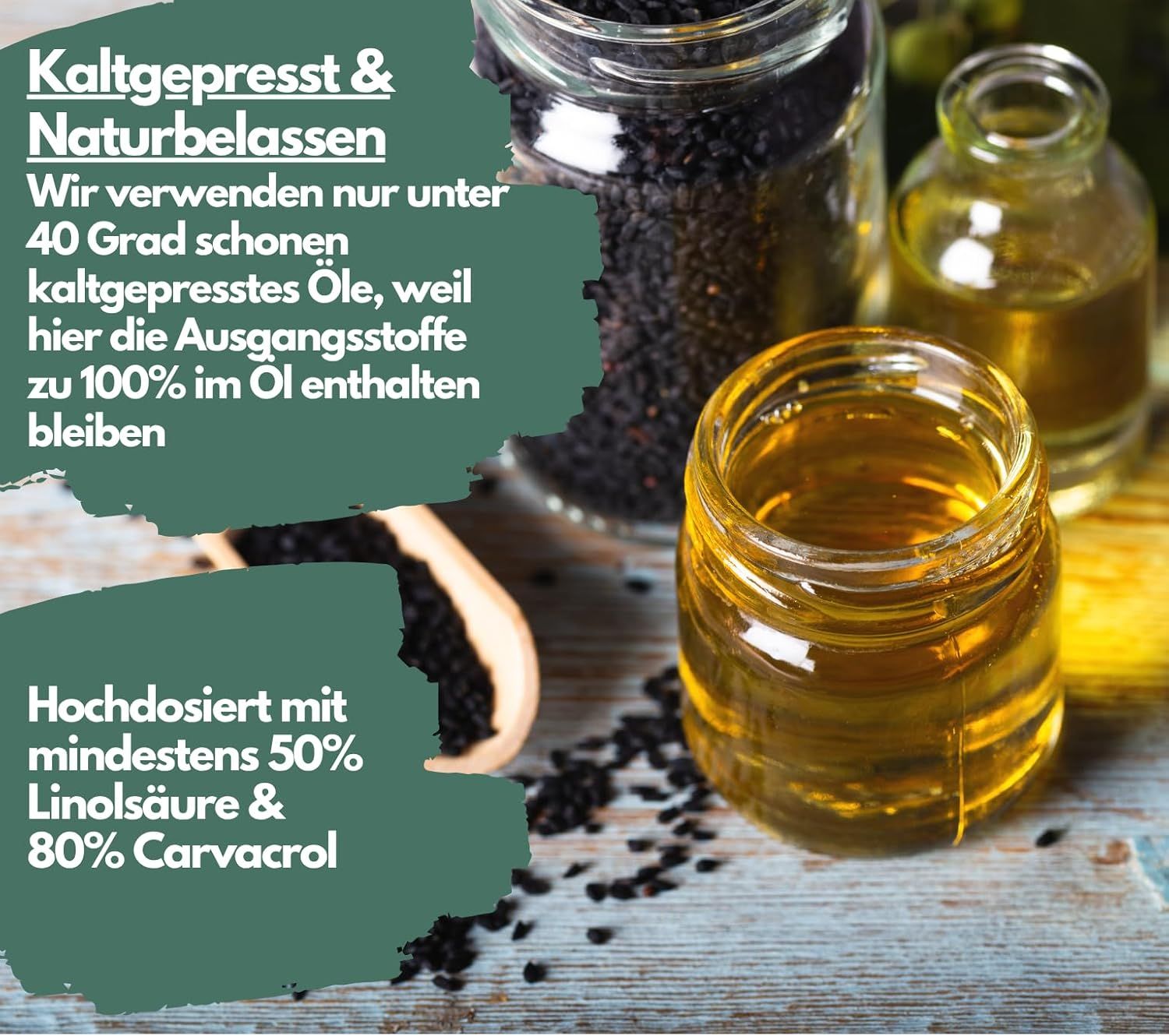 Barattoli di olio e semi. Testo: Spremuti a freddo e naturali. Almeno 50% acido linoleico e 80% carvacrolo.