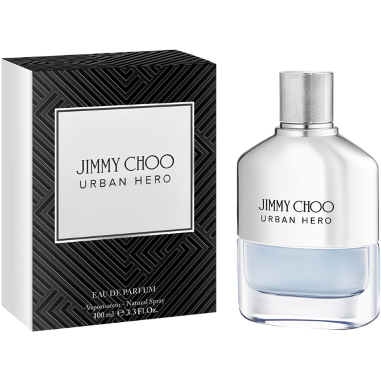 Flacone e scatola. Flacone: tappo argentato, scritta: JIMMY CHOO URBAN HERO. Scatola: nera, etichetta bianca.