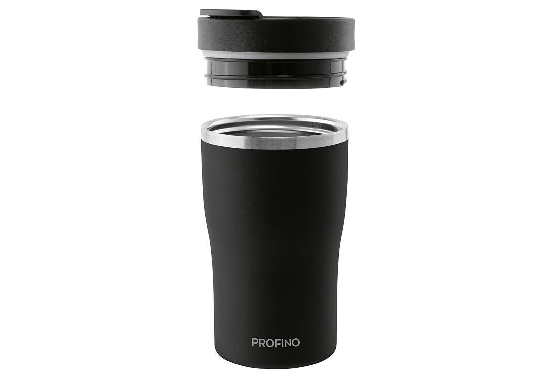 Tazza da caffè nera con coperchio rimosso. Bordo in acciaio inox. Scritta PROFINO.