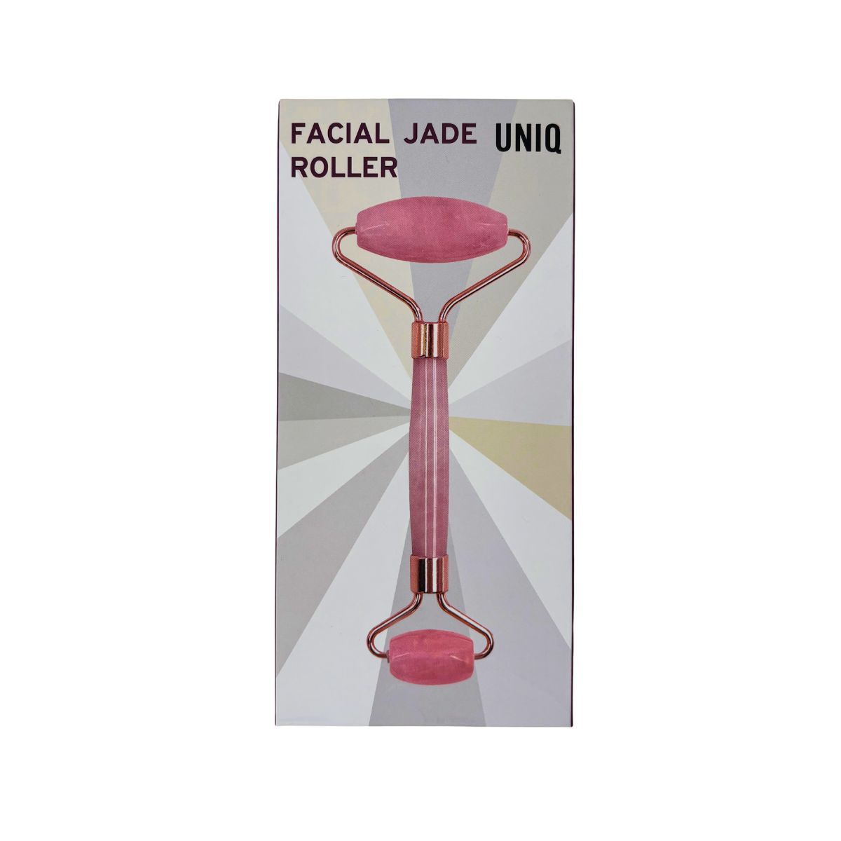 Rullo facciale in giada rosa con doppio rullo e cornice dorata.
