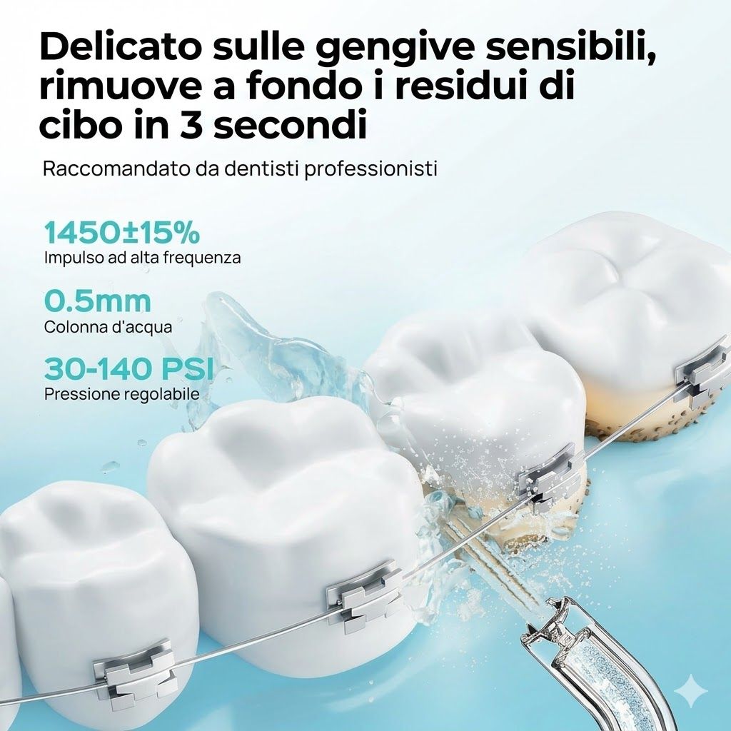 Denti con apparecchio, getto d'acqua. Testo: Impulso 1450±15%, colonna d'acqua 0,5 mm, pressione 30-140 PSI. Raccomandato da dentisti.