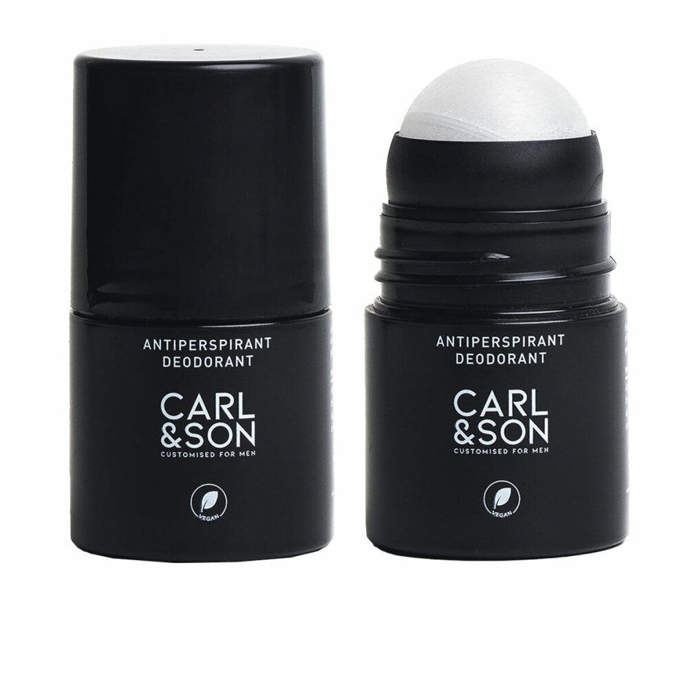 Due deodoranti roll-on neri. Uno chiuso, uno aperto con testa bianca. Scritta: CARL & SON, ANTIPERSPIRANT DEODORANT.