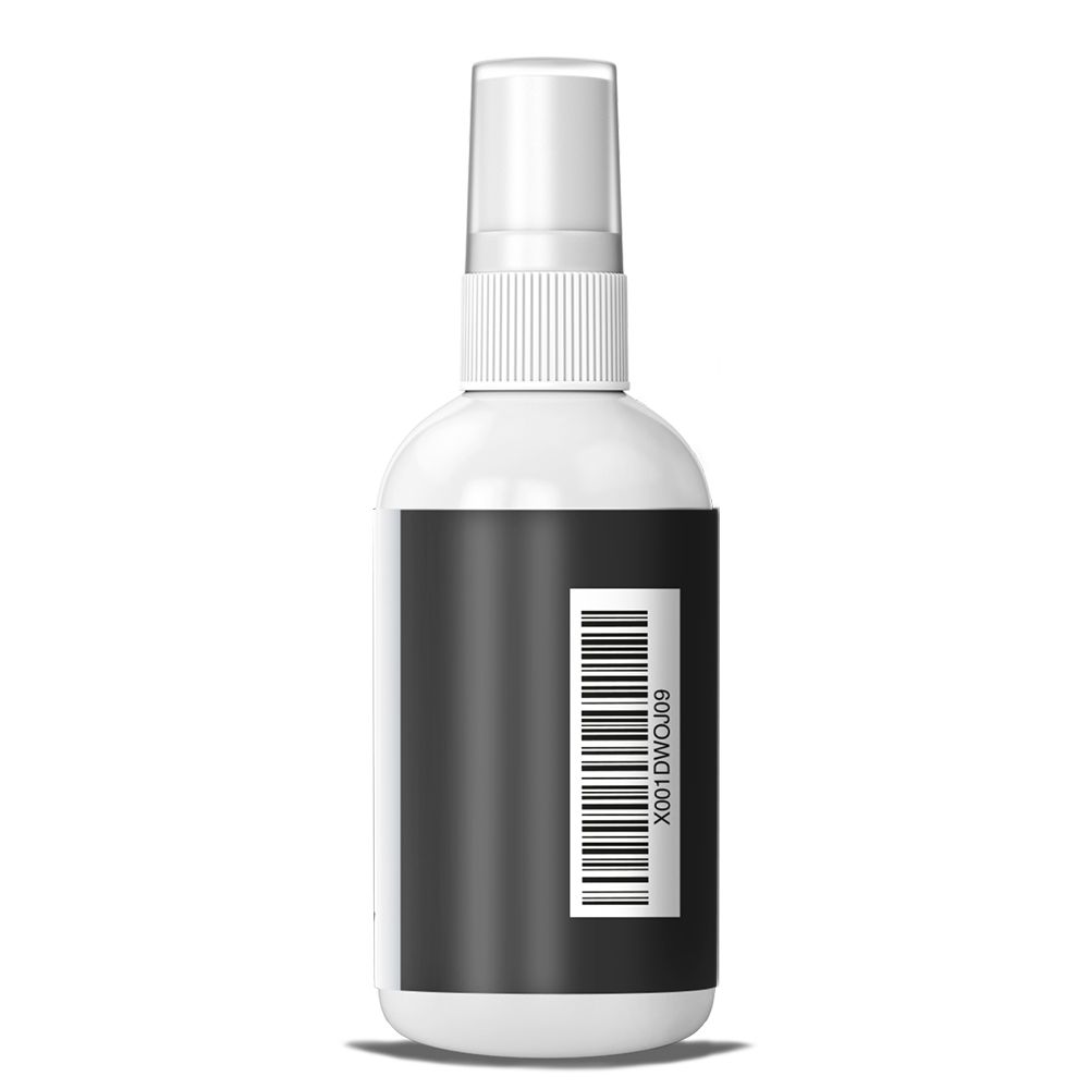 Flacone spray bianco con etichetta nera e codice a barre. L'etichetta indica X001DW0J09.