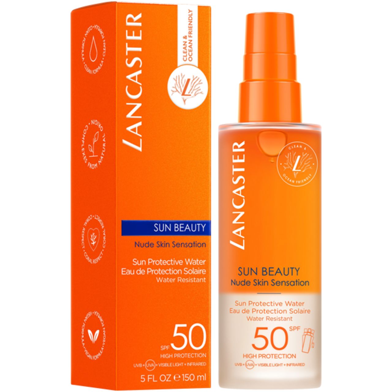 Lancaster Sun Beauty Protective Water SPF50. Flacone e confezione. Testo: Sun Beauty, SPF50, High Protection, Clean & Ocean Friendly.