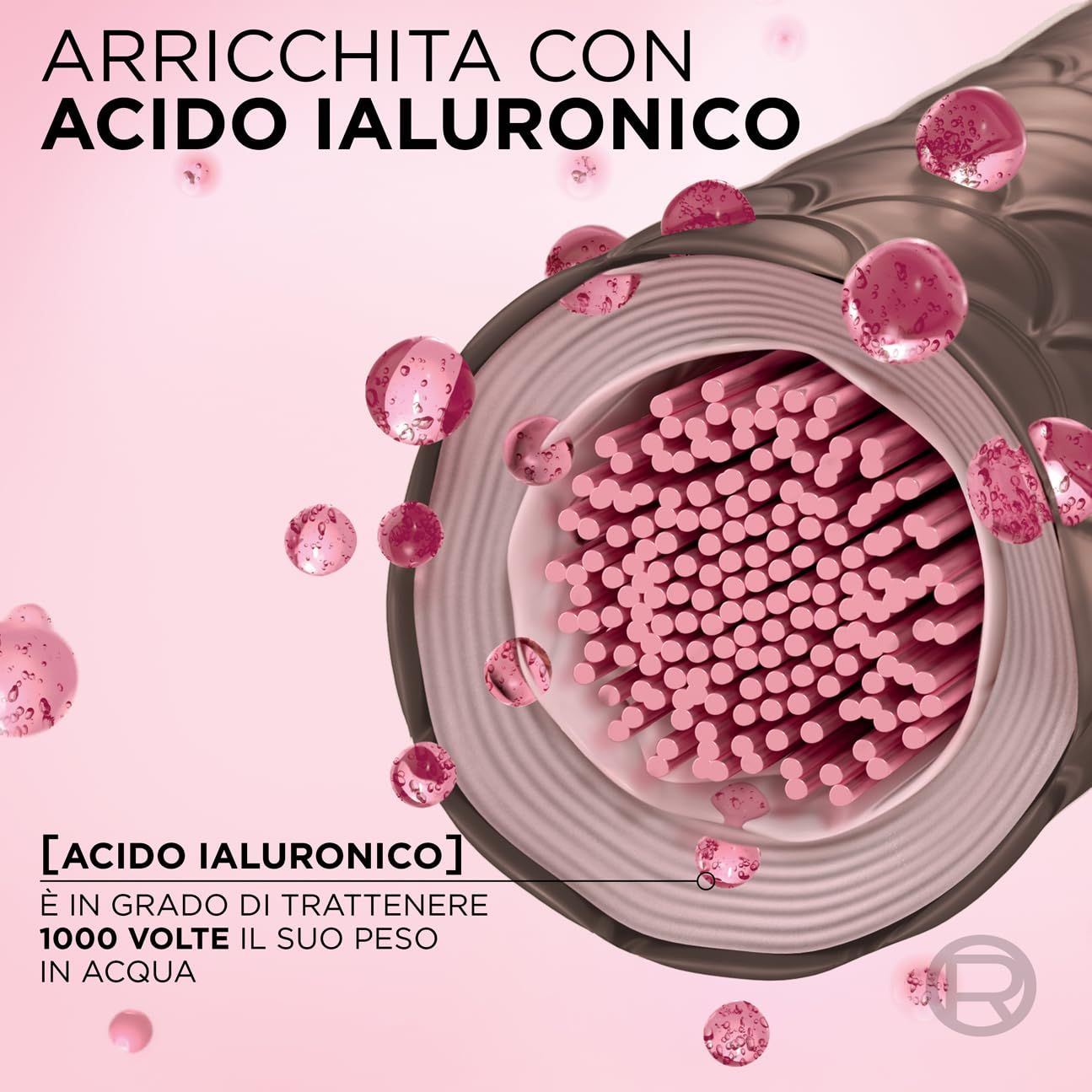 Primo piano di un taglio di capelli con bolle rosa. Testo: Arricchito con acido ialuronico. L'acido ialuronico può trattenere 1000 volte il suo peso in acqua.