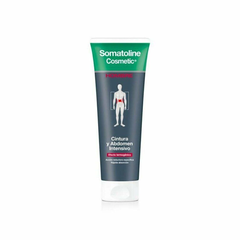Tubo con tappo verde e bianco. Scritta: Somatoline Cosmetic, Hombre, Cintura y Abdomen Intensivo. Effetto termogenico. Figura di uomo.