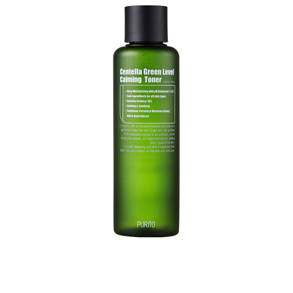 Flacone verde con tappo nero. Scritta: Centella Green Level Calming Toner. Contiene informazioni sugli ingredienti.