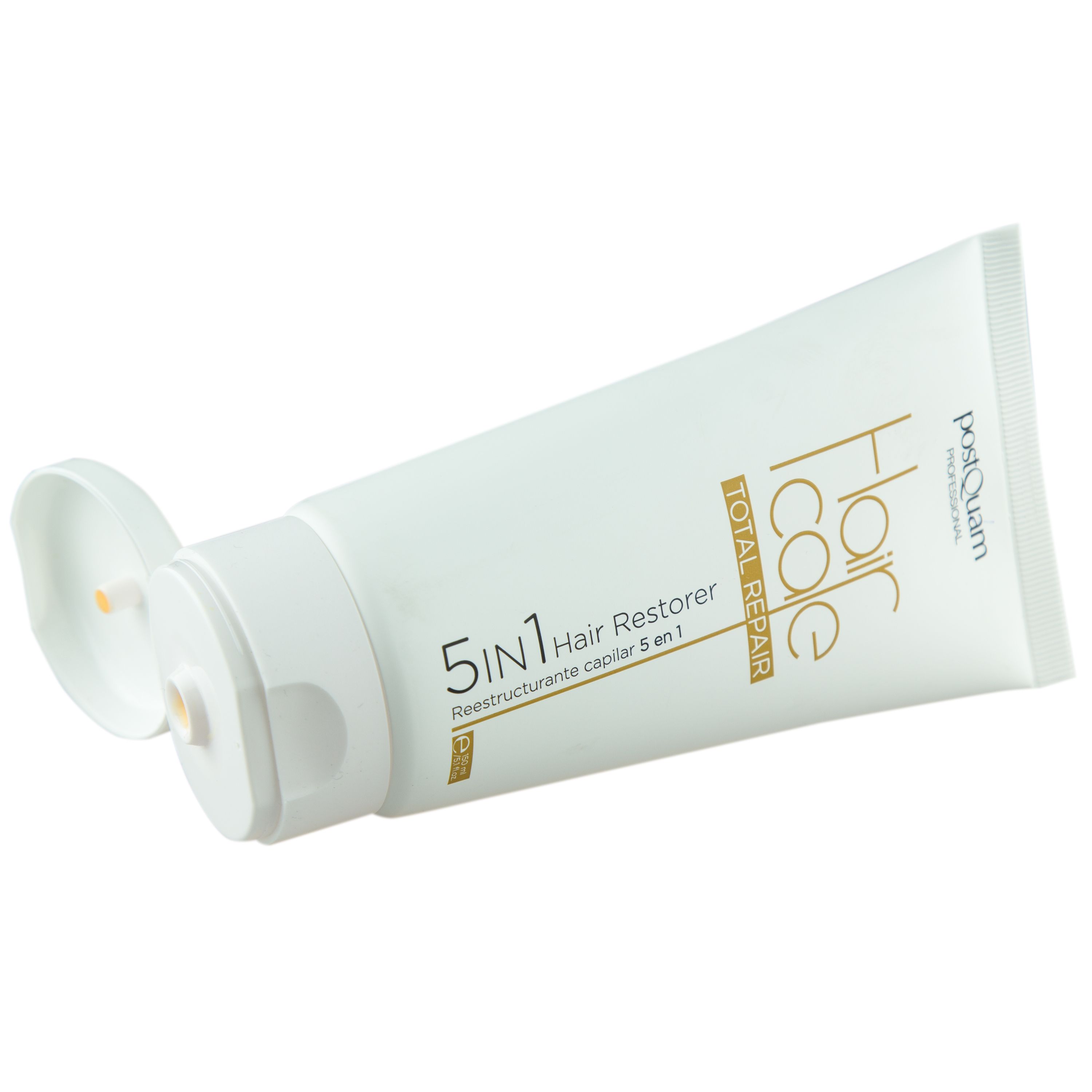 Tubo bianco con tappo aperto. Testo: Hair Care Total Repair, 5 in 1 Hair Restorer. Marchio: Postquam.