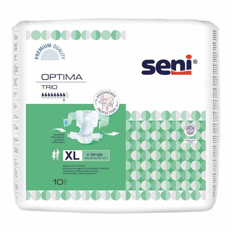 Confezione Seni Optima Trio XL, extra large, 10 pezzi. Design verde e bianco con immagine del prodotto e logo. Protezione ergonomica.