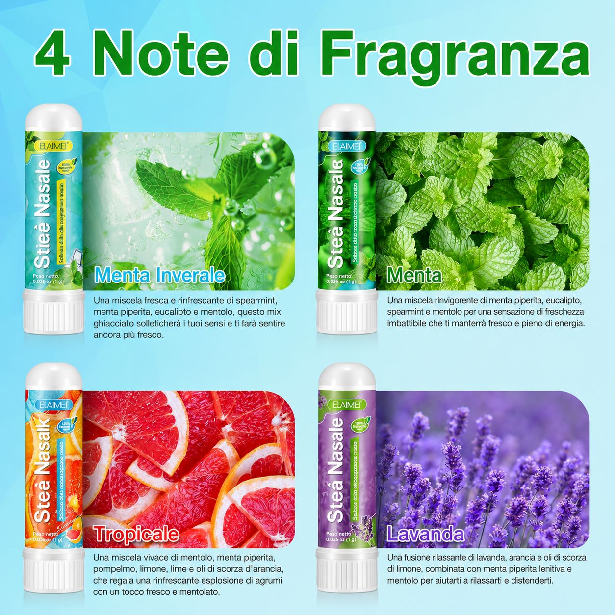 Quattro stick nasali. Wintermint, menta, tropical e lavanda. Ogni stick ha un colore e un design diversi.