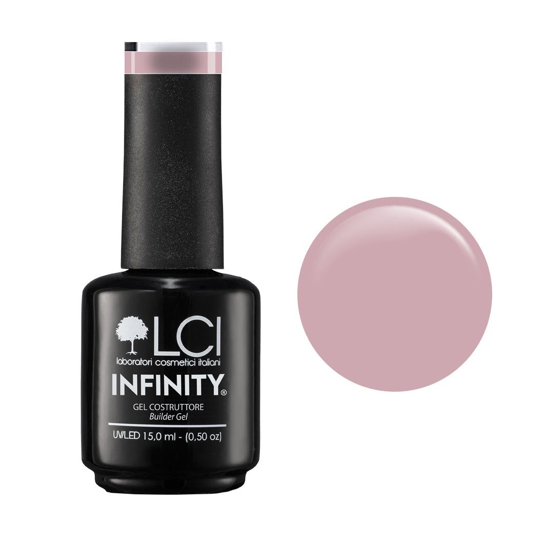 Flacone nero di gel nude-rosa. Scritta: LCI INFINITY Builder Gel. Campione di colore accanto.