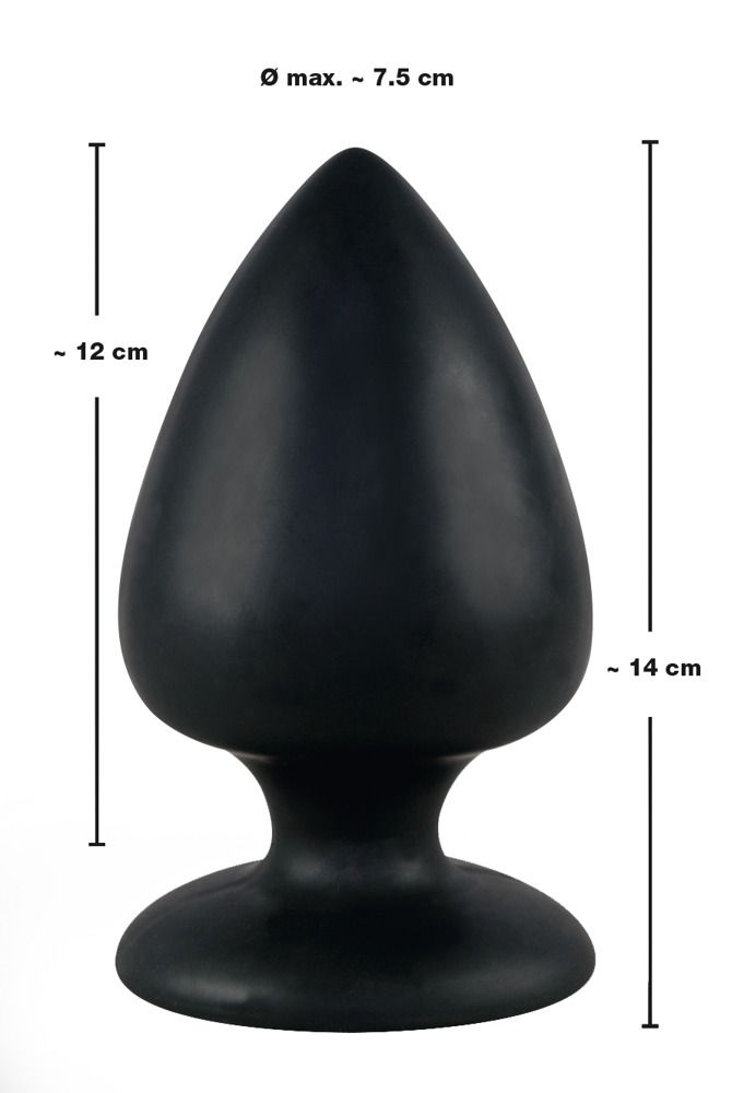 Tappo anale in silicone nero: lunghezza circa 14 cm, diametro massimo circa 7,5 cm.
