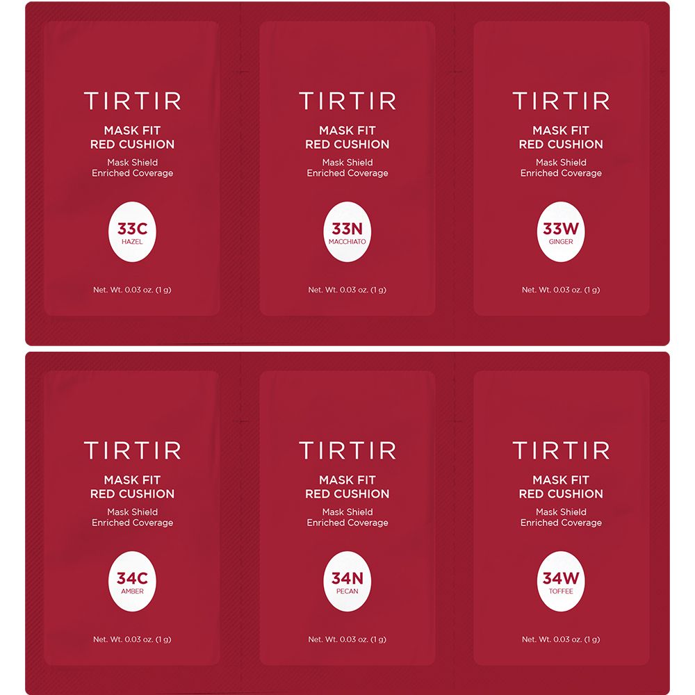 Sei confezioni rosse TIRTIR Mask Fit Red Cushion. Ogni confezione mostra codice colore e informazioni.