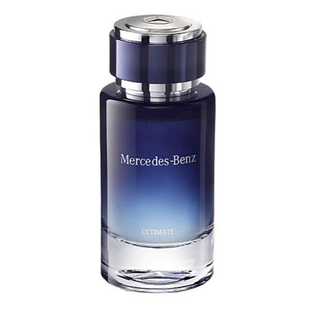 Flacone blu trasparente con tappo argentato. Scritta: Mercedes-Benz Ultimate. Eau de Parfum.