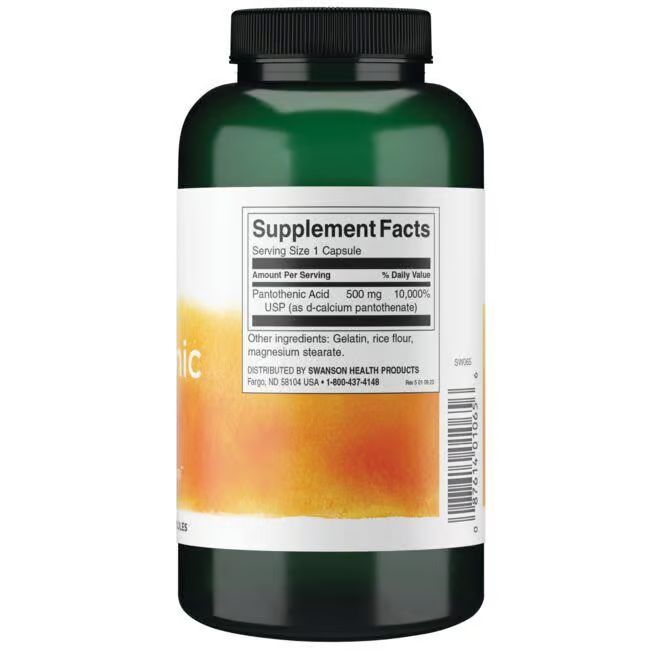 Retro del flacone verde. Etichetta bianca con informazioni nutrizionali. Contiene acido pantotenico 500 mg.